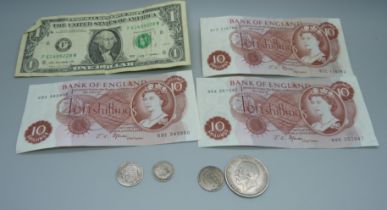 Three ten shillings notes, a $1 note and silver coins