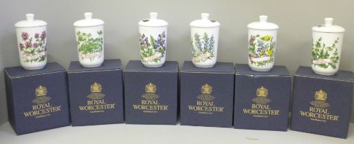 A set of six Royal Worcester herb jars, boxed