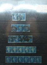 Stamps; Great Britain 1841 2d blue imperforate selection of 21 used stamps including strips of 3, 4,