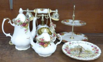 A Royal Albert Old Country Roses telephone, a two-tier cake stand, a coffee pot, small teapot and