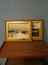 Two English School oils; winter scene and summer scene, framed