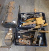 Ladders, a steel tool box with vintage hand tools and a heavy duty vice