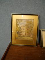 Four watercolours and prints, including Wilford Village, framed
