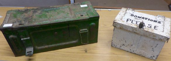 A 1945 ammunition box and a donations box with mineral samples