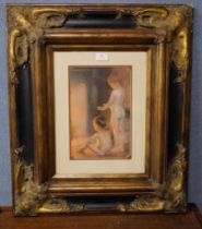 A Pre-Raphaelite style print of nude children by a fire, framed