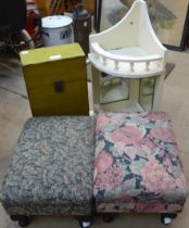 Two footstools, a wooden box and a mirrored corner shelf