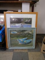 Two framed paintings, boat on shore