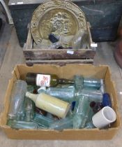 A large mixed lot including a Bush radio, vintage bottles, Schweppes crate, etc.