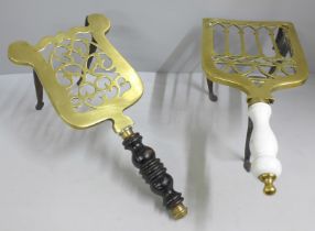 A Victorian brass trivet with white porcelain handle and Victorian brass hook on trivet with