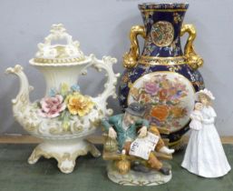 A Capodimonte decorative teapot, a Marks of Rosenfeld figure of a man on a bench, a blue and gold