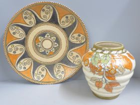 A Crown Ducal tube lined vase, signed Rhead L to base and a Charlotte Rhead tube lined charger