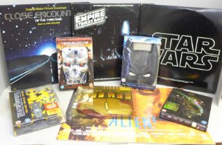 Movie related collectables; three Alien posters, three soundtrack LPs, two Star Wars and Close