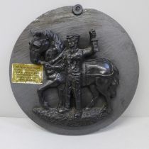 A pit pony and a Welsh miner slate and coal Welsh plaque from the Welsh quarries, 16cm, a/f