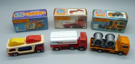 Three vintage Matchbox 75 trucks in original boxes; a 14 Petrol Tanker, a 26 Cable Truck and an 11