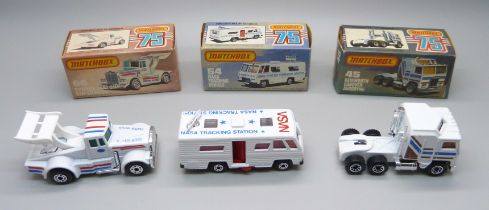 Three vintage Matchbox 75 cars in original boxes; a 45 Kenworth Cabover Aerodyne, a 66 Tyrone Malone