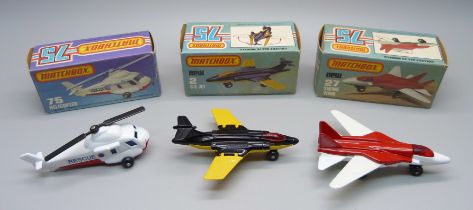 Three vintage Matchbox 75 Aircraft in original boxes; a 75 Helicopter, a new 2 S-2 Jet and a new