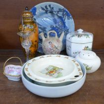 A collection of pottery including a Doulton Bunnykins warming plate, a Maling plate, a Ceramica jug,