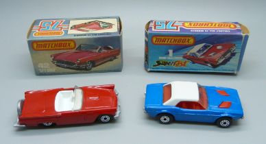 Two vintage Matchbox 75 cars; a 1 Dodge Challenger Superfast and a new 42 '57 T-Bird
