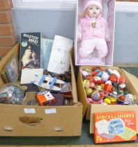 Vintage games, marbles, vintage Christmas decorations, a pair of carved wooden figures, a Leonardo