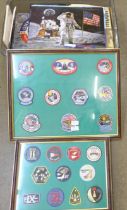 Moon landing related items including two framed sets of pilot patches, holographic images, ephemera,