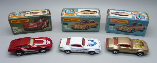 Three Matchbox 75 cars; a 16 Pontiac, box a/f, a new 62 Chevrolet Corvette and a new 16 Pontiac