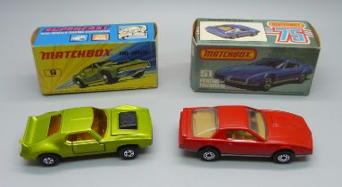Two vintage Matchbox cars, a Matchbox 75 51 Pontiac Firebird SE and a Matchbox Superfast MagWheels
