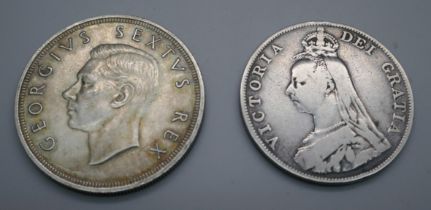 An 1888 double florin and a 1949 South Africa five shillings, (80% silver, 28.5g)