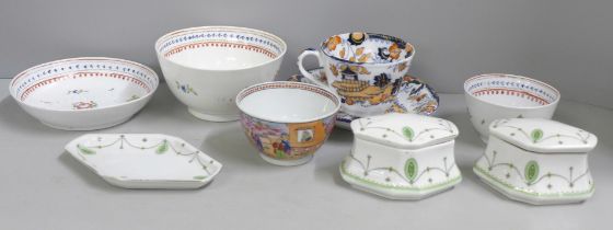 Newhall porcelain, A Boy in Window pattern bowl, circa 1810, an Imari pattern cup and saucer, a