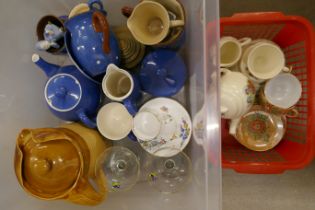 A box of mixed china and glass, including Dartmouth Pottery Polka Dot, T.G. Green jug, Babycham