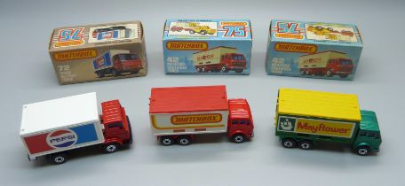 Three vintage Matchbox 75 trucks in original boxes; a 72 Dodge Delivery Truck and two Superfast 42