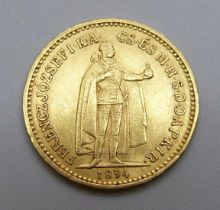 A Hungarian .900 10 crown gold coin, 1894