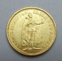 A Hungarian .900 10 crown gold coin, 1901