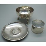 A Norwegian silver dish, an Arts and Crafts silver napkin ring and a silver salt with three hoof