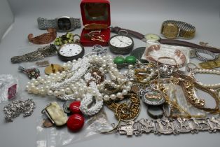 A silver pocket watch, other watches, costume jewellery, etc.