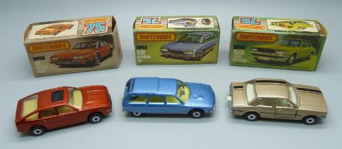 Three vintage Matchbox 75 cars in original boxes; a new 8 Rover 3500, a new 55 Ford Cortina and a