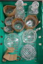 Two crystal decanters; rose bowl, tankard, bonbon dish, a large jug, etc., ten pieces in total **