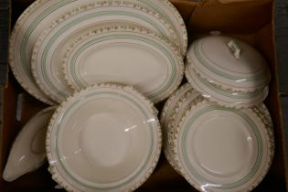 A Myott & Sons dinner set, Art Deco style, eight small plates, five medium plates, five large