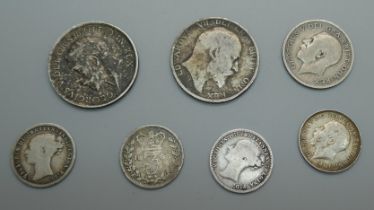 Two shillings 1906 and 1915, a sixpence 1914 and four threepence coins 1874, 1879, 1880 and 1916