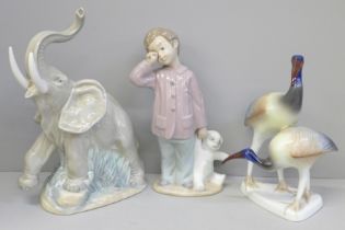 Two Nao figures, Sleepy Head and Elephant and a Hollohaza Hungary figure of two Ibis