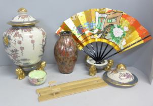 A small Maling Rosalind lustre bowl, an oriental ginger jar, a glass vase and a fan with