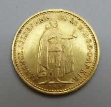 A Hungarian .900 10 crown gold coin, 1897