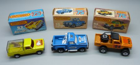 Three vintage Matchbox 75 cars; a 53 Flareside Pick-Up, a 57 Wild Life Truck, Rola-matics and a 63