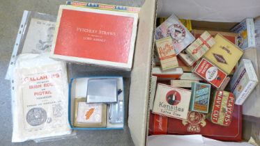 Tobaccoania; a box of vintage cigarette and cigar boxes, adverts, lighters, etc.