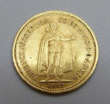A Hungarian .900 10 crown gold coin, 1892