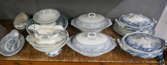 A collection of blue transferware table wares including Davenport Rhine pattern tureens, ladle, J.