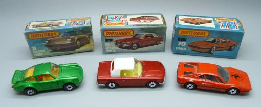 Three vintage Matchbox 75 cars in original boxes; a 6 Mercedes Tourer, a 70 Ferrari and a 3