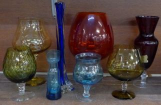Eight pieces of glass; a Bondware ruby glass vase, a large vintage red brandy glass, a blue