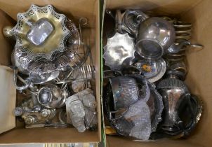 Two boxes of silver plate, pewter and other metalwares, including tea services, cruet sets, small