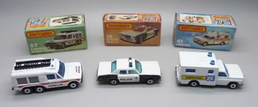 Three vintage Matchbox 75 cars in original boxes; a 57 Carmichael Rescue Vehicle, a 41 Ambulance and