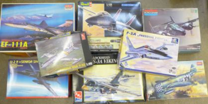 Eight aircraft model kits; Lockheed S-3A Viking, Black Widow P-61 and EF-111A, etc., all 1:48 scale